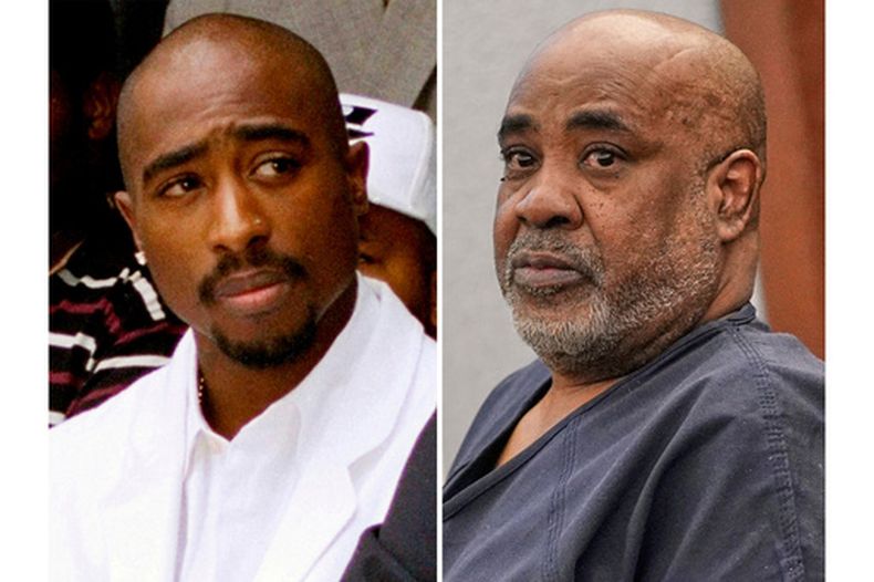 El rapero Tupac Shakur asiste a un evento de registro de votantes en South Central, Los Ángeles, el 15 de agosto de 1996, izquierda, y Duane Keffe D Davis comparece ante el tribunal de distrito por su participación en el asesinato de Shakur ocurrido en 1996 en Las Vegas, el 18 de febrero de 2025. (Foto AP)