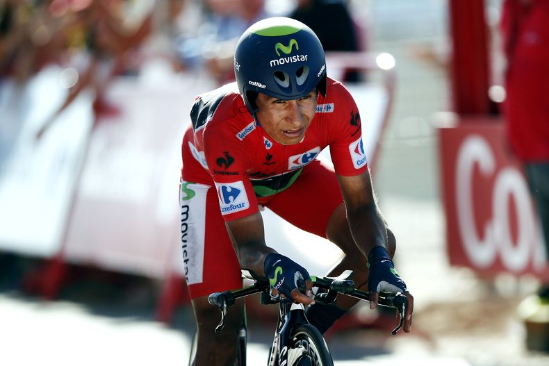 El colombiano Nairo Quintana llega a la meta luego de caer durante la d&eacute;cima etapa de la Vuelta a Espa&ntilde;a el martes 2 de septiembre de 2014 en Borja, Espa&ntilde;a. Quintana abandon&oacute; el mi&eacute;rcoles la Vuelta a Espa&ntilde;a tras s