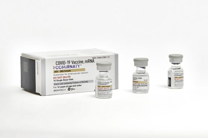 En esta foto difundida por Pfizer en septiembre de 2023 se muestran ampolletas de una sola dosis de la vacuna actualizada de la compañía contra el COVID-19 para adultos. (Pfizer via AP)