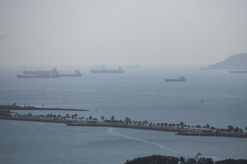 Buques de carga esperan en la Bahía de Panamá para transitar por el Canal de Panamá, en la Ciudad de Panamá, el miércoles 17 de enero de 2024. (Foto AP/Agustín Herrera)