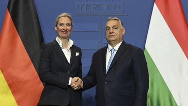 Alice Weidel, candidata a canciller del partido Alternativa para Alemania (AfD), y el primer ministro húngaro, Viktor Orbán, durante una conferencia de prensa en Budapest, Hungría, el miércoles 12 de febrero de 2025. (Szilard Koszticsak/MTI vía AP)