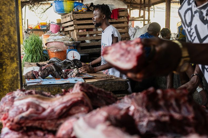 Guyva Mputu, vendedor en el mercado Masina, exhibe carne de animales silvestres para su venta, el jueves 9 de abril de 2026, en Kinshasa, República Democrática del Congo. (AP Foto/Samy Ntumba Shambuyi)