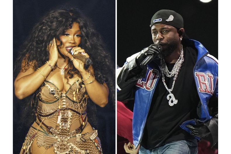 SZA se presenta durante el Festival de Glastonbury en Somerset, Inglaterra, el 30 de junio de 2024, a la izquierda, y Kendrick Lamar se presenta durante el medio tiempo del Super Bowl 59 de la NFL el 9 de febrero de 2025, en Nueva Orleans. (Foto AP)