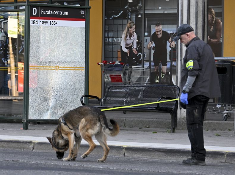 La policía acude a la escena de un tiroteo en Farsta, en el sur de Estocolmo, 10 de junio de 2023. Suecia busca modernizar sus leyes para enfrentar el crimen organizado ante el auge de la violencia letal. (Anders Wiklund /TT News Agency via AP)