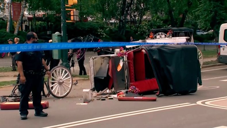 La policía investiga la escena después de que un caballo que tiraba de un carruaje se desbocara, provocando la muerte de un adolescente de India, el miércoles 17 de junio de 2026 en NuevaYork. (WABC-TV vía AP)