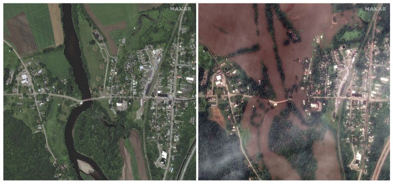 Esta combinación de imágenes satelitales difundidas por Maxar Technologies muestra a la izquierda una vista aérea del río Winooski, el 27 de junio de 2019, en Richmond, Vermont, y a la derecha la misma zona durante una inundación el martes 11 de julio de 2023. (Maxar Technologies via AP)
