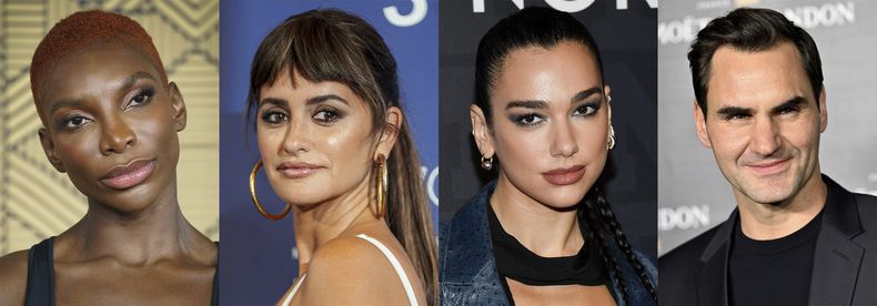 ARCHIVO - En esta combinación de fotografías Michaela Coel, de izquierda a derecha, Penélope Cruz, Dua Lipa y Roger Federer, quienes serán los anfitriones de la gala del Met el lunes 1 de mayo de 2023. El legado de Lagerfeld se exhibirá en la gala del Met y en la exposición complementaria de la fiesta de recaudación de fondos en el Instituto del Vestido del Museo Metropolitano de Arte. (Foto AP, archivo)