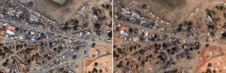Esta combinación muestra el campo de refugiados de Zamzam y los edificios del mercado, a las afueras de la ciudad de al-Fasher, en la región sudanesa de Darfur, antes de ser atacados, el martes 14 de enero de 2025, a la izquierda, y después de ser atacados, el jueves 13 de febrero de 2025. (Maxar Technologies via AP)