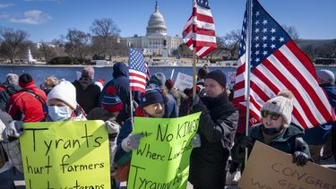 Personas participan en la protesta en apoyo a los trabajadores federales y en contra de las acciones recientes del presidente Donald Trump y Elon Musk, el lunes 17 de febrero de 2025, en Washington. (AP Foto/Jacquelyn Martin)