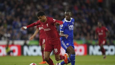 Boubakary Soumare del Leicester y Cody Gakpo del Liverpool pelean por el balón en el encuentro de la Liga Premier el lunes 15 de mayo del 2023. (Tim Goode/PA via AP)