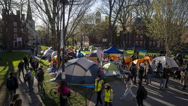 ARCHIVO - Estudiantes en protesta contra la guerra en Gaza, y transeúntes que caminan por Harvard Yard, son vistos en un campamento en la Universidad de Harvard en Cambridge, Massachusetts, 25 de abril de 2024. (AP foto/Ben Curtis, archivo)