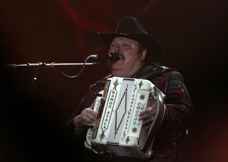 Mexican singer Ramon Ayala y sus Bravos del Norte performs during the second day of the Arre Music Festival in Mexico City, Sunday, Sept. 10, 2023. (AP Photo/Fernando Llano)