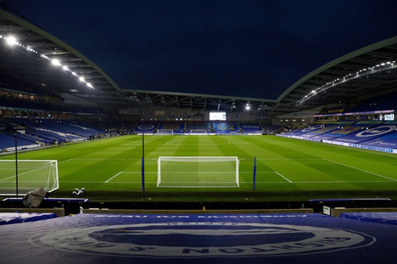ARCHIVO - Una vista general del estadio Falmer previo a un partido de la Liga Premier entre Brighton y Hove Albion ante Newcastle United, el sábado 20 de marzo de 2021, en Brighton, Inglaterra. (Clive Rose/Pool via AP, Archivo)