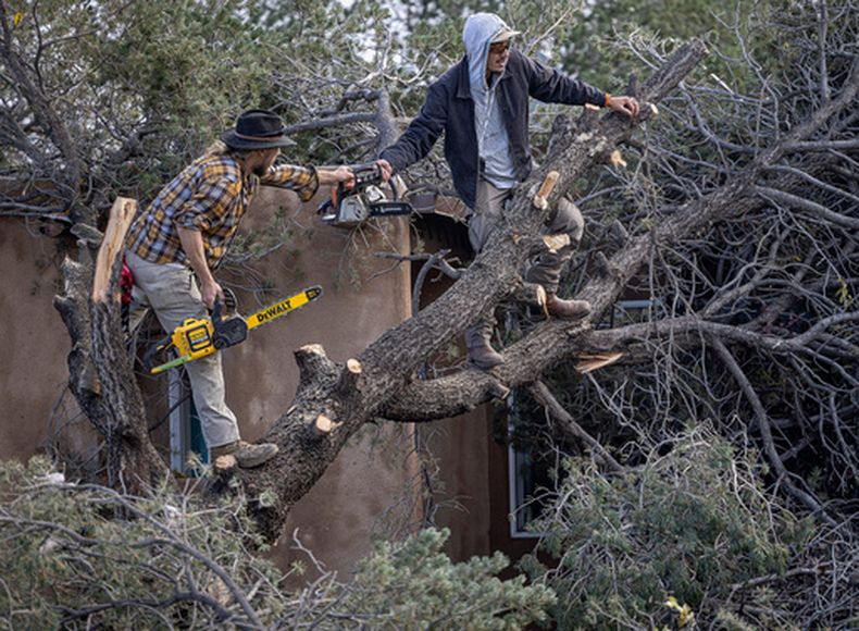 Vecinos cortan un árbol caído tras la tormenta en Santa Fe, Nuevo México, el 25 de octubre del 2026. (Jim Weber/Santa Fe New Mexican via AP)