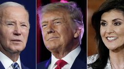 En esta combinación de fotos: el presidente Joe Biden (i) habla en Salt Lake City el 10 de agosto de 2023; el expresidente Donald Trump habla en Las Vegas el 8 de julio de 2023 y la exembajadora ante la ONU Nikki Haley habla en Columbia, Carolina del Sur de 2024. (Foto AP)