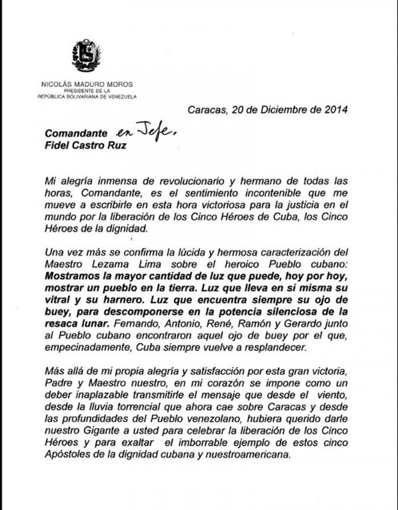 Cartas de Maduro a Fidel y Raúl Castro con el mensaje hipotético de Chávez.
