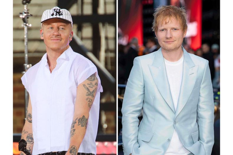 El artista Macklemore aparece en la serie de conciertos de verano de Good Morning America de ABC en Central Park, Nueva York, el 22 de julio de 2022, izquierda, y Ed Sheeran aparece en el estreno de la película F1 The Movie en Londres, el 23 de junio de 2025. (Foto AP)