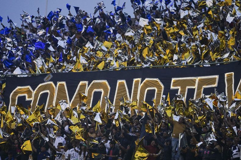 Hinchas de Pumas previo al partido contra Chivas en los cuartos de final del torneo Apertura de México, el domingo 3 de diciembre de 2023, en la Ciudad de México. (AP Foto/Marco Ugarte)