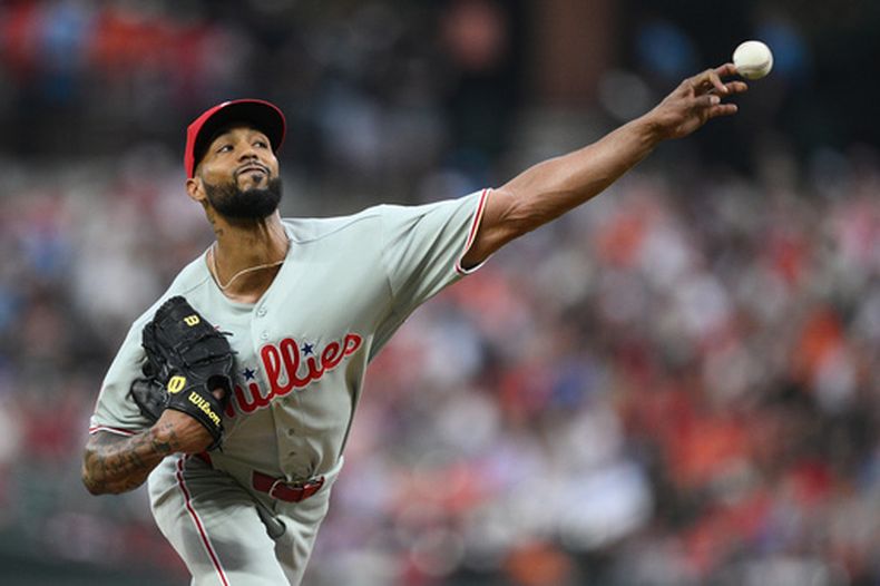 Cristopher Sánchez, de los Filis de Filadelfia, realiza un lanzamiento en el juego del sábado 1 de agosto de 2026 ante los Orioles de Baltimore (AP Foto/Nick Wass)