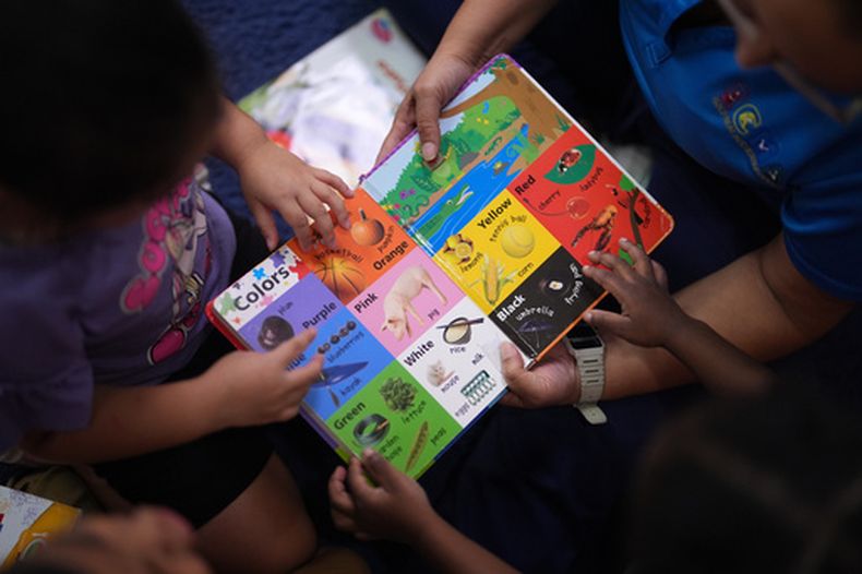 Varios niños observan un libro de primeras paralabras en una escuela infantil Head Start en Immokalee, Florida, el 10 de septiembre de 2026. (AP Foto/Rebecca Blackwell)