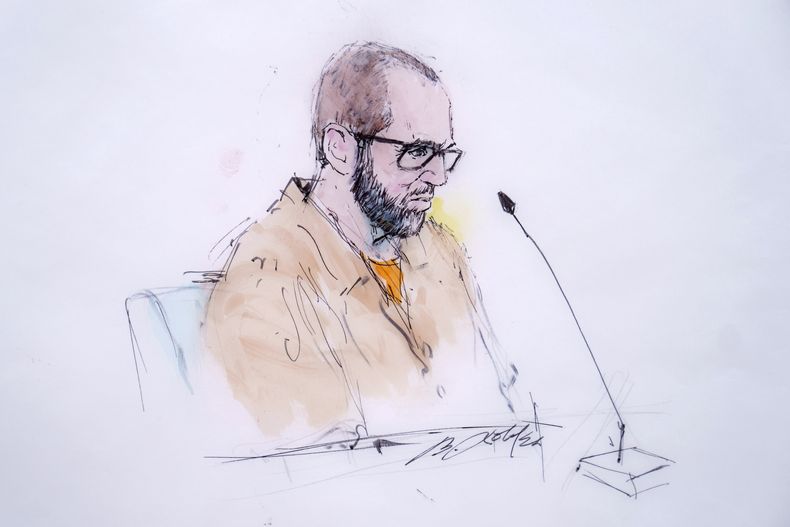 Boceto que muestra a Alexander Smirnov, ex informante del FBI, en el tribunal en Los Ángeles el 26 de febrero del 2024. (William T. Robles via AP)