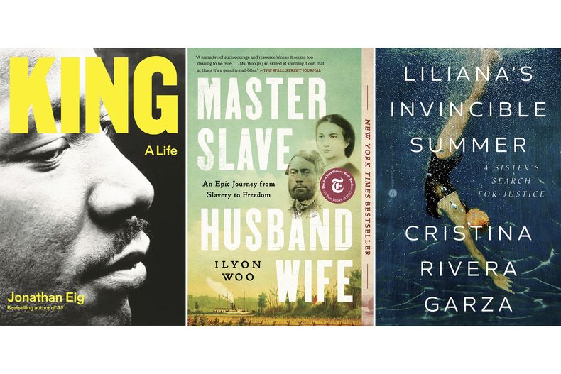 En esta combinación de portadas King: A Life de Jonathan Eig, ganador del premio Pulitzer de biografía, izquierda, Master Slave Husband Wife: An Epic Journey from Slavery to Freedom de Ilyon Woo, ganador del premio Pulitzer de biografía, centro, y Lilianas Invincible Summer: A Sisters Search for Justice de Cristina Rivera Garza, ganador del premio Pulitzer de memorias o autobiografía. (FSG/S&S/Hogarth vía AP)