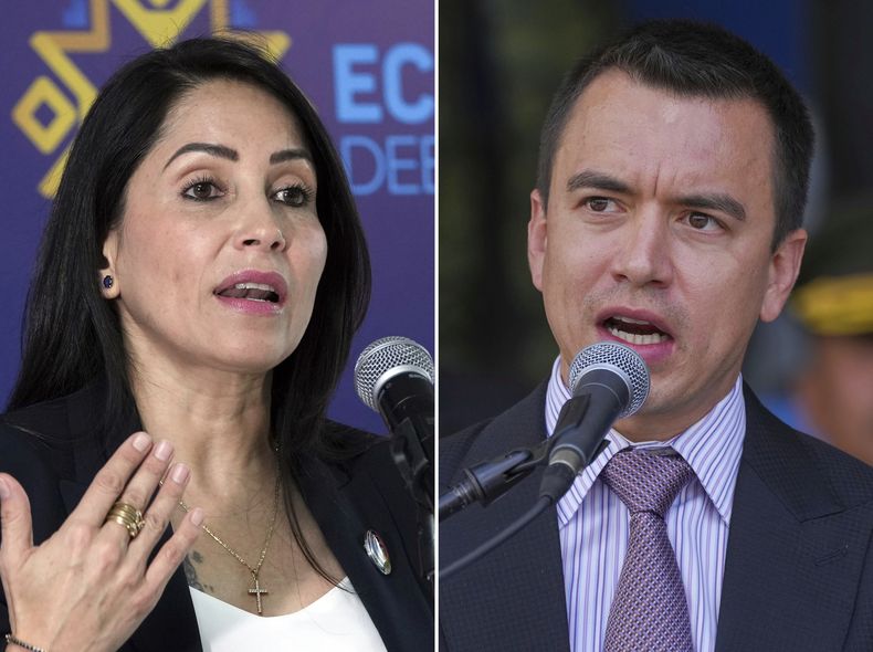 ARCHIVO - Esta imagen combinada muestra a Luisa Gonzalez, candidata presidencial del Movimiento Revolución Ciudadana, a la izquierda, y el presidente de Ecuador, Daniel Noboa, hablan en actos distintos en Quito, Ecuador el 19 de enero de 2025 y el 22 de enero de 2024. (AP Foto/Dolores Ochoa, Archivo)