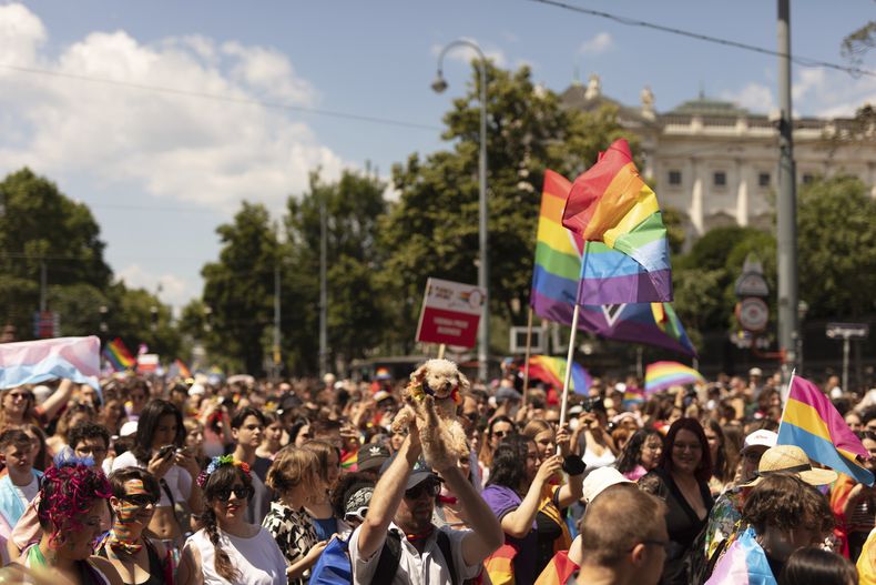 ARCHIVO - Una imagen del desfile anual por el Orgullo, en Viena, Austria, el 11 de junio de 2022. (AP Foto/Theresa Wey)