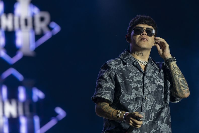 El cantante mexicano Junior H durante su concierto en el festival Arre en la Ciudad de México el domingo 8 de septiembre de 2024. (Foto AP/Felix Marquez)