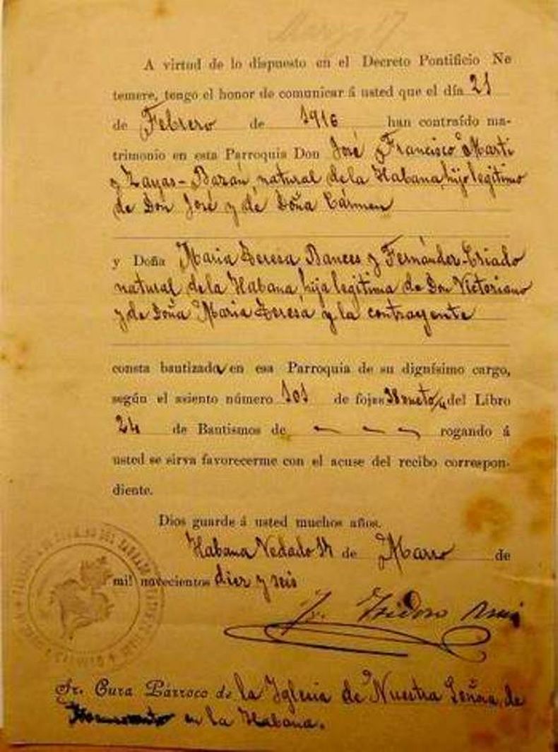 Acta oficial del matrimonio de José Francisco Martí y Zayas Bazán.