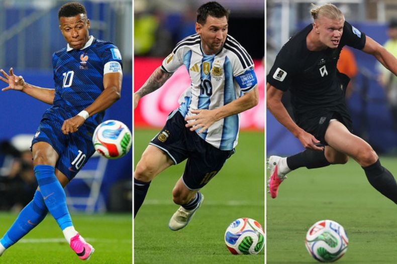 Esta combinación de fotos muestra al francés Kylian Mbappé, al argentino Lionel Messi y al noruego Erling Haaland durante sus respectivos encuentros del Mundial, el lunes 22 de junio de 2026 (AP Foto/Derik Hamilton, left, Ashley Landis, y Pamela Smith)