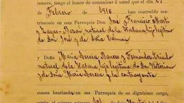 Acta oficial del matrimonio de José Francisco Martí y Zayas Bazán.