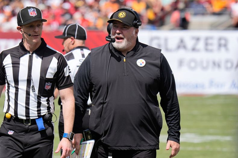 Pittsburgh Steelers head coach Mike McCarthy talks on the sidelines during the first half of an NFL football game against the Tampa Bay Buccaneers in Tampa, Fla., Sunday, Oct. 18, 2026. (AP Photo/Chris OMeara)