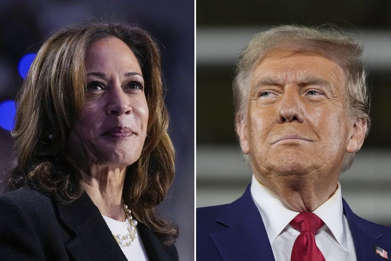 En esta combinación de fotos de archivo aparece la candidata presidencial demócrata y vicepresidenta, Kamala Harris, izquierda, en un evento de campaña en Charlotte, Carolina del Norte, el 12 de septiembre de 2024, y el candidato presidencial republicano y expresidente, Donald Trump, en una asamblea pública de campaña en Warren, Michigan, el 27 de septiembre de 2024. (AP Foto)