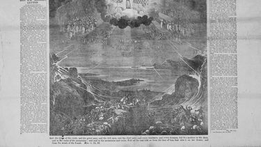 Esta imagen proporcionada por la Biblioteca Digital Adventista muestra parte de un documento del movimiento millerita que circuló el 16 de octubre de 1844 en el área de Boston, con un titular que decía: ¡Fin del mundo, 22 de octubre de 1844!. (Biblioteca Digital Adventista vía AP)