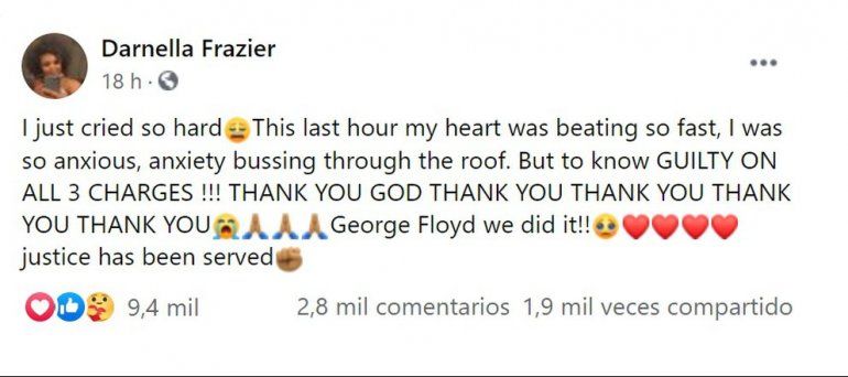 El mensaje publicado en Facebook tras conocer el veredicto: culpable