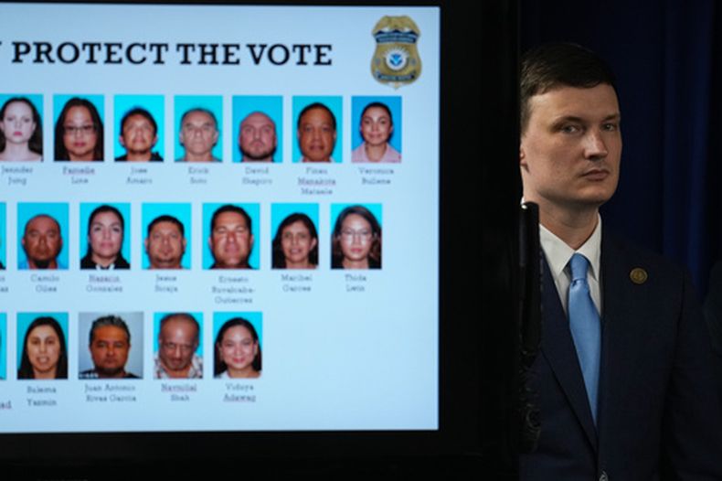 Trent McCotter, subsecretario de Justicia interino de Estados Unidos, mira a la cámara junto a un panel que muestra fotografías de personas acusadas de registrarse ilegalmente para votar, durante una conferencia de prensa el lunes 19 de octubre de 2026, en Los Ángeles. (AP Foto/Jae C. Hong)