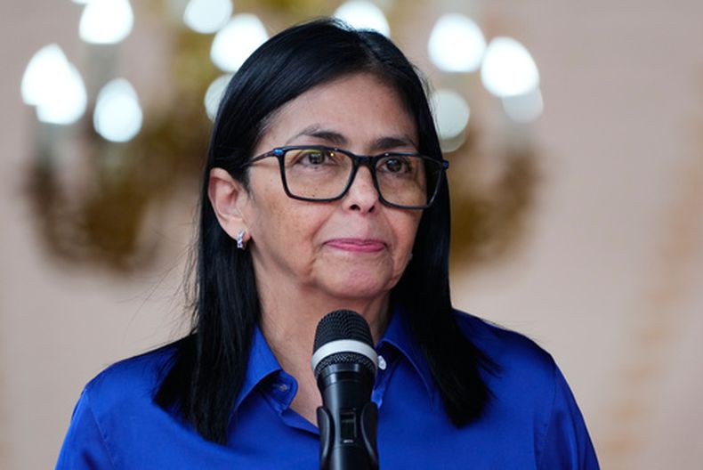 La presidenta interina de Venezuela Delcy Rodriguez en el Palacio Presidencial de Miraflores en Caracas, el 14 de enero del 2026. (AP foto/Ariana Cubillos)