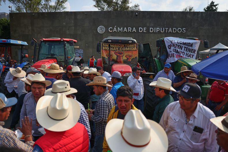 Agricultores protestan contra una propuesta de ley de aguas frente a la Cámara de Diputados en la Ciudad de México, el miércoles 3 de diciembre de 2025. (Foto AP/Claudia Rosel)
