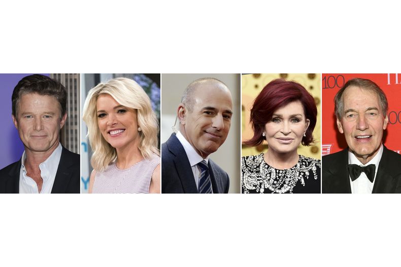 Esta combinación de fotos muestra a Billy Bush, de izquierda a derecha, Megyn Kelly, Matt Lauer, Sharon Osbourne y Charlie Rose. (Foto AP)