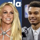 ARCHIVO - Foto del 12 de abril del 2018, Britney Spears la 29ma edición del GLAAD Media Awards en Beverly Hills y foto del 6 d julio del 2023 de la primera selección del Draft Victor Wembanyama en conferencia de prensa. (AP Fotos by Chris Pizzello, izquierda, and Eric Gay, Archivo)