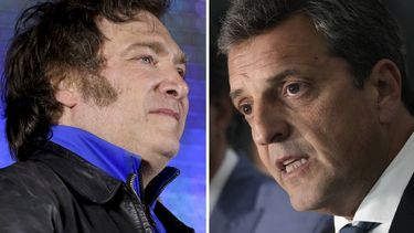 ARCHIVO - Esta imagen combinada muestra a la izquierda a Javier Milei, el candidato de la coalición Libertad Avanza, en Córdoba, Argentina, el 16 de noviembre de 2023; y a la derecha, al ministro de Economía Sergio Massa, de la peronista Unión por la Patria, en Brasilia, Brasil, el 28 de agosto de 2023. Los argentinos acuden el domingo 19 de noviembre de 2023 a un balotaje que según los sondeos previos muestran prácticamente un empate entre ambos aspirantes. (AP Foto/Archivo)