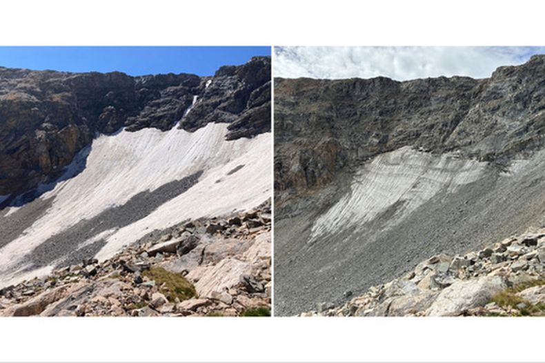 En esta combinación de fotos proporcionadas por Harlan Ulmer se muestra el glaciar St. Vrain en las montañas Rocosas, cerca de Allenspark, Colorado, el 1 de septiembre de 2024, izquierda, y el 6 de septiembre de 2026. (Harlan Ulmer vía AP)