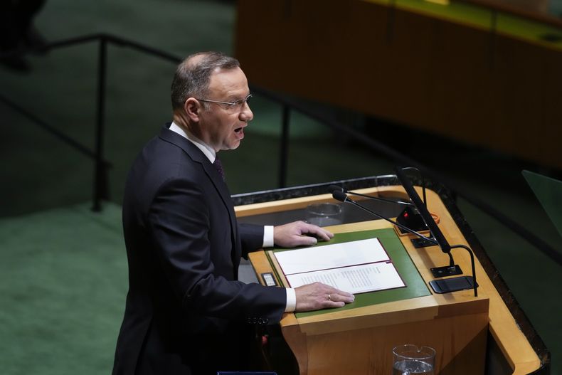 El presidente polaco Andrzej Duda durante la 78va sesión de la asamblea general de las Naciones Unidas, el martes 19 de septiembre de 2023. (AP Foto/Seth Wenig)