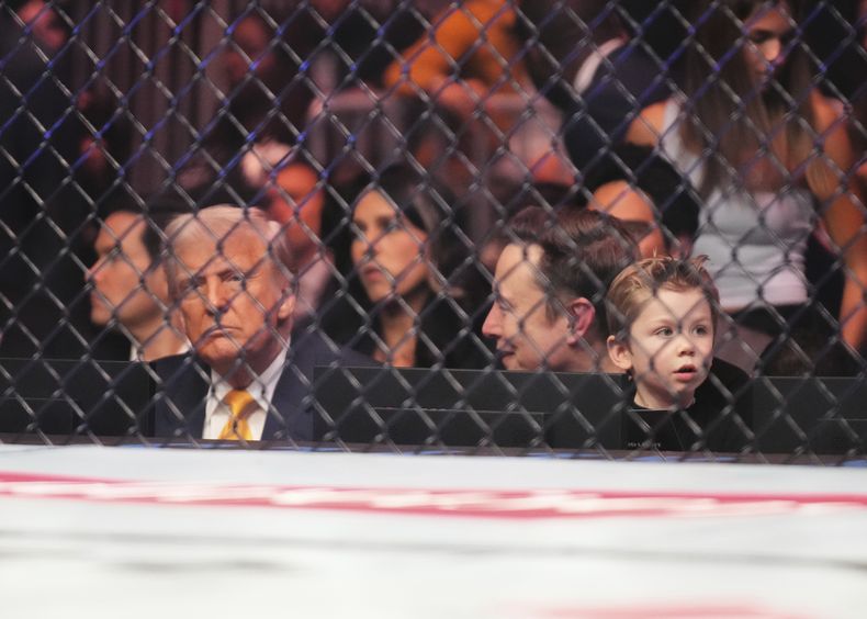 Delante, de izquierda a derecha, el presidente de Estados Unidos, Donald Trump; Elon Musk, su hijo X Æ A-Xii, y al fondo, el secretario de Estado de Marco Rubio y director de Nacional de Inteligencia Tulsi Gabbard asisten a una pelea de artes marciales mixtas de UFC 314, el sábado 12 de abril de 2025, en Miami. (AP Foto/Lynne Sladky)