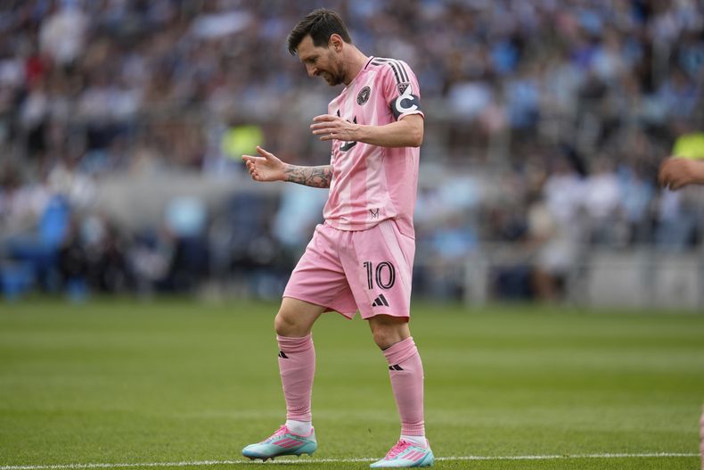 Inter Miami forward Lionel Messi reacts during the first half of an MLS soccer match against Minnesota United, Saturday, May 10, 2025, in St. Paul, Minn. (AP Photo/Abbie Parr)