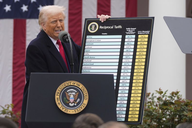 El presidente Donald Trump durante un evento para anunciar nuevos aranceles, el 2 de abril de 2025, en la Casa Blanca, en Washington. (AP Foto/Mark Schiefelbein, Archivo)