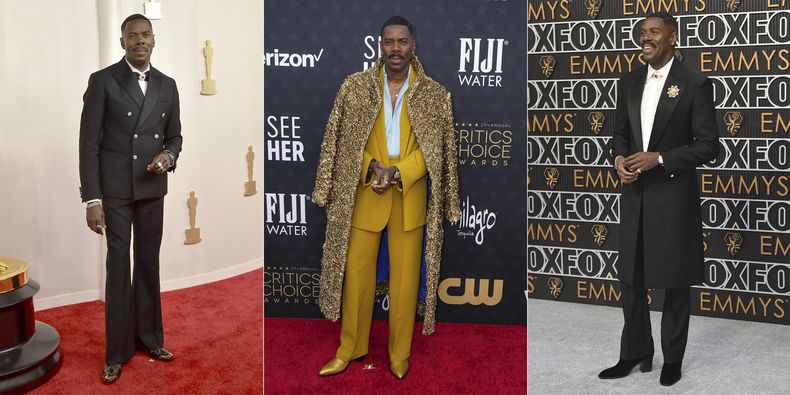 El actor Colman Domingo con un esmoquin de Louis Vuitton con doble botonadura de cristal y botas de vaquero con punta dorada en los Oscar en Los Ángeles el 10 de marzo de 2024, izquierda, Domingo con un traje amarillo mostaza de Valentino Haute Couture en la 29a entrega de los Critics Choice Awards en Santa Monica, California el 14 de enero, centro, y un esmóquin a la medida de Louis Vuitton y broches en los Emmy en Los Ángeles el 15 de enero. (Foto AP)