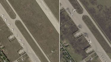 Esta combinación de imágenes satelitales de Planet Labs PBC muestra en el lado izquierdo la Base Aérea Belaya ubicada en la región de Irkutsk, en el este de Siberia, Rusia, el 17 de mayo de 2025, y en el lado derecho muestra los daños en la base días después de un ataque con drones de Ucrania, el miércoles 4 de junio de 2025. (Planet Labs PBC vía AP)