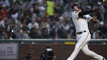 San Francisco Giants Austin Slater watches his two-run home run against the Oakland Athletics during the sixth inning of a baseball game Wednesday, July 26, 2023, in San Francisco. (AP Photo/Godofredo A. Vásquez)